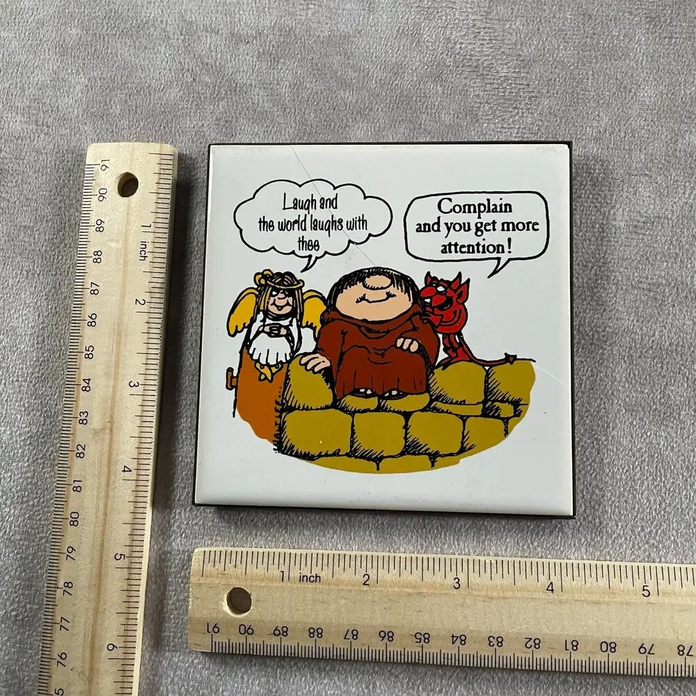 MCM Vintage Ceramic Tile Plaque Funny Monk Angel Devil Cartoon Easel Stand Decor